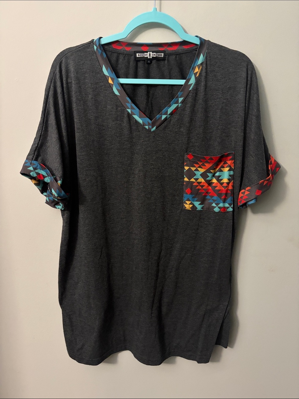 Charcoal Short Sleeve V-Neck Tee with Multicolor Aztec Trim
